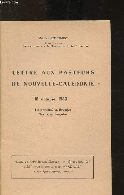 Lettre aux pasteurs de Nouvelle-Caldonie - 10 octobre 1939 (extrait du 
