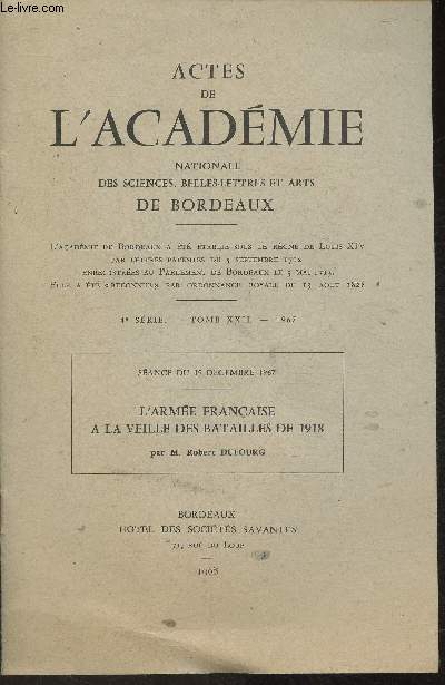 Actes de l'Acadmie nationales des sciences, belles-lettres et arts de Bordeaux- Tome XXII-1967