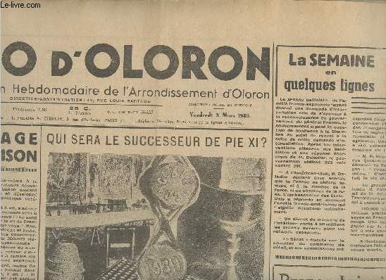 L'cho d'Oloron- Journal Rpublicain Hebdomadaire de l'arrondissement d'Oloron- n9 (59me anne)- 3 mars 1939