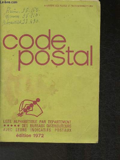 Code postal- Liste alphabtique par dpartement des bureaux distributeurs avec leurs indicatifs- Edition 1972