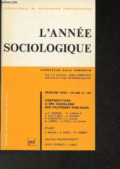 L'anne sociologique- troisime srie, vol. 40- 1990- Bibliothque de philosophie contemporaine.