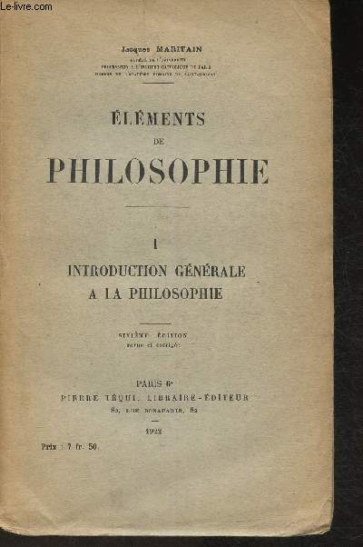 Elments de Philosophie Tome I: Introduction gnrale  la philosophie
