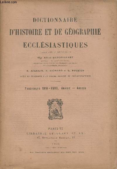 Dictionnaire d'Histoire et de Gographie Ecclsiastiques- Fascicule XVII-XVIII Arabie-Arezzio