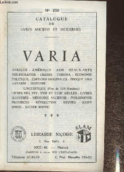 Catalogue de livres anciens et modernes varia- Libriairie nioise- n236
