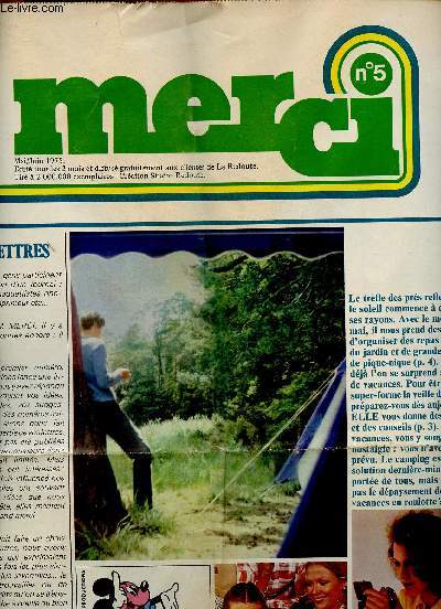 Merci n5, mai-juin 1975 : Le Camping - ELLE vous apprend  prparer vos vacances - Le Journal de Mickey vous invite  jouer  l'le au Trsor - etc
