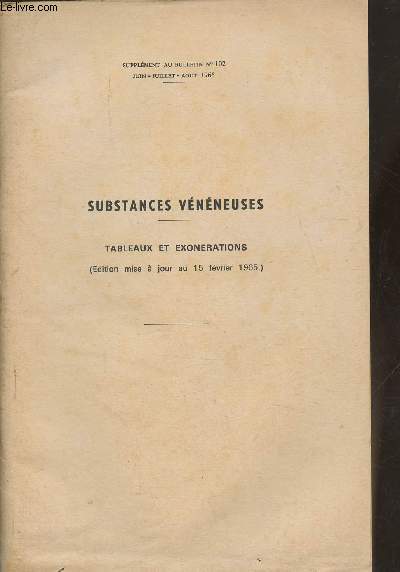 Substances vnneuses- Tableaux et exonrations (edition mise  jour au 15 fvrier 1965)- Supplment au bulletin n102 Juin-Juillet-Aout 1965