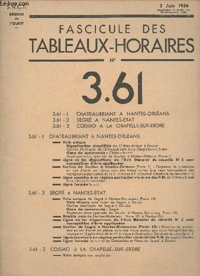 Fascicule des tableaux-horaires n3.61- Chateaubriant  Nantes-Orlans, Segr  Nantes-Etat, Coismo  La Chapelle-sur-Erdre