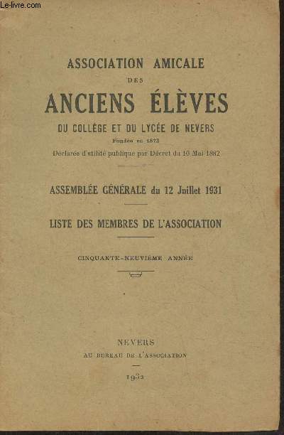 Association amicale des anciens lves du collge et du lyce de Nevers- AG du 12 juillet 1931, liste des membres de l'association
