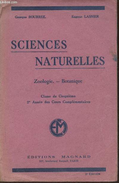 Sciences naturelles- Zoologie- Botanique - Classe de 5me, 2e anne des cours complmentaires