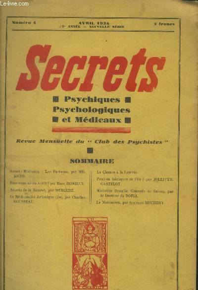 Secrets psychiques psychologiques et mdicaux n4, avril 1934