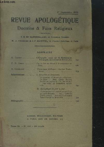 Revue apologtique doctrine & faits religieux Tome XL n464, 1er septembre 1925