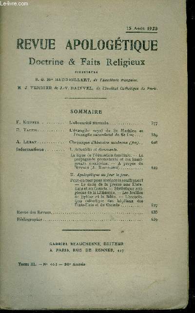 Revue apologtique doctrine & faits religieux TomeXL n463 : 15 aout 1925