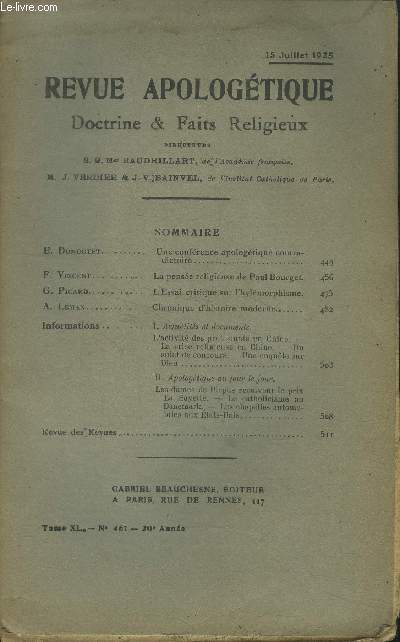 Revue apologtique doctrine & faits religieux TomeXL n461 : 15 juillet 1925
