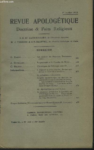 Revue apologtique doctrine & faits religieux TomeXL n460, 1er juillet 1925