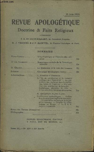 Revue apologtique doctrine & faits religieux Tome XL n459, 15 juin 1925