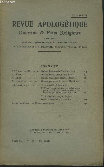 Revue apologtique doctrine & faits religieux Tome XL N456, 1er mai 1925