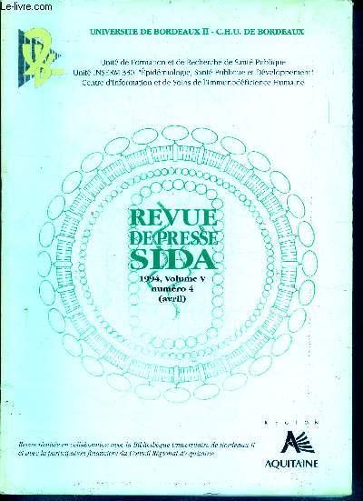 Revue de presse sida- 1994- volume V- N4 (avril) - unite de formation et de recherche de sante publique, unite inserm 330 