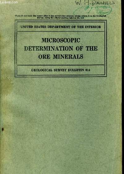 Microscopic determination of the ore minerals second edition Geological survey bulletin 914