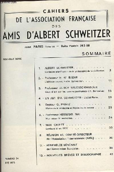 CAHIERS DE L'ASSOCIAITION FRANCAISE DES AMIS D'ALBERT SCHWEITZER n 34