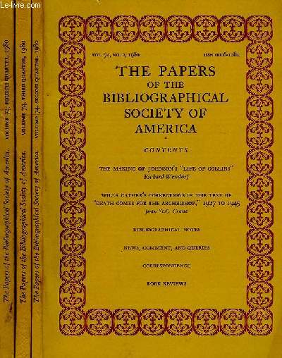 THE PAPERS OF THE BIBLIOGRAPHICAL SOCIETY OF AMERICA, VOL. 74, N 2, 3, 4, 1980