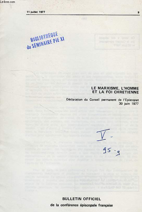 LE MARXISME, L'HOMME ET LA FOI CHRETIENNE, DECLARATION DU CONSEIL PERMANENT DE L'EPISCOPAT, 30 JUIN 1977