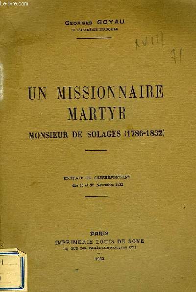 UN MISSIONNAIRE MARTYR, MONSIEUR DE SOLAGES (1786-1832)