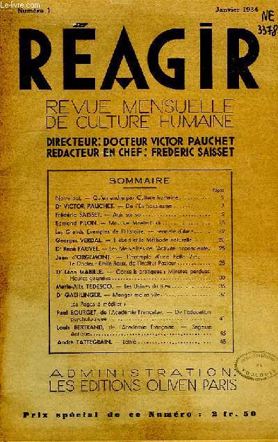 REAGIR, REVUE MENSUELLE DE CULTURE HUMAINE, N 1, JANV. 1934