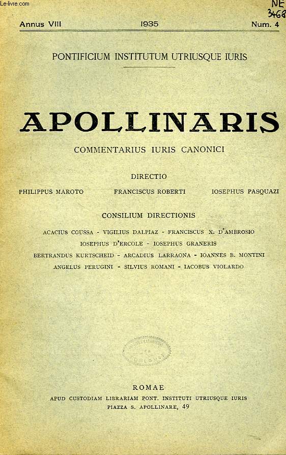 APOLLINARIS, COMMENTARIUS IURIS CANONICI, ANNUS VIII, N 4, 1935