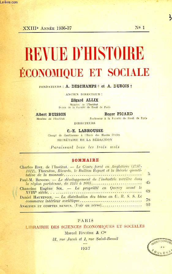 REVUE D'HISTOIRE ECONOMIQUE ET SOCIALE, XXIIIe ANNEE, 1936-37, N 1