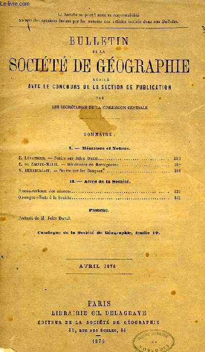 BULLETIN DE LA SOCIETE DE GEOGRAPHIE, AVRIL 1876