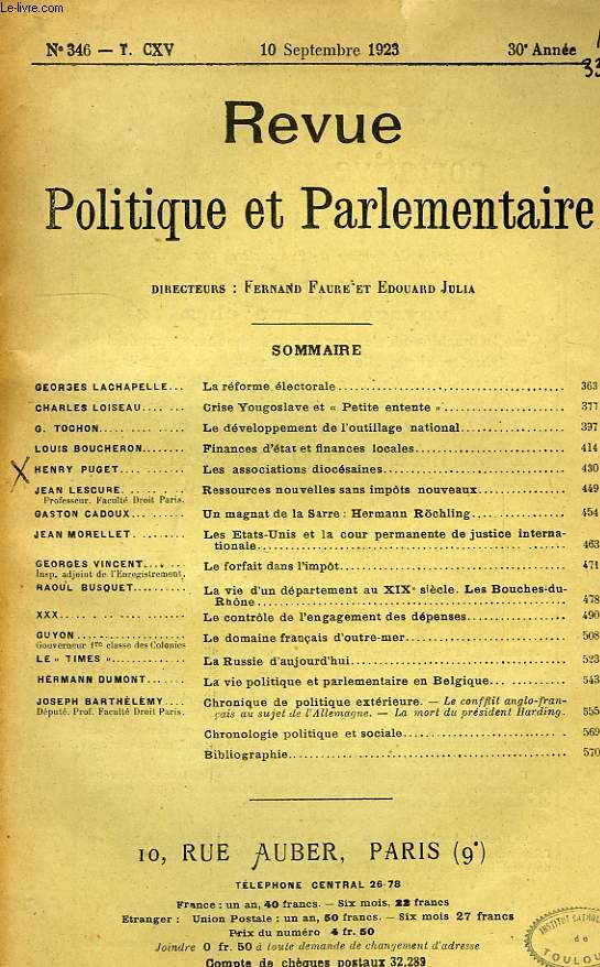 REVUE POLITIQUE ET PARLEMENTAIRE, N 346, T. CXV, 30e ANNEE, SEPT. 1923