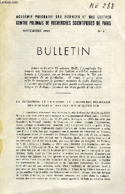 BULLETIN DU CENTRE POLONAIS DE RECHERCHES SCIENTIFIQUES DE PARIS, N 1, NOV. 1948