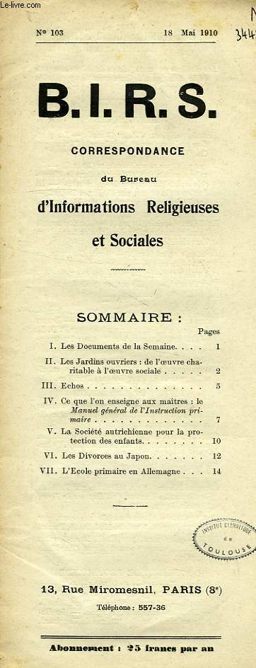 B.I.R.S., CORRESPONDANCE DU BUREAU D'INFORMATIONS RELIGIEUSES ET SOCIALES, N 103, MAI 1910