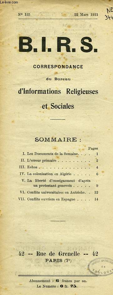 B.I.R.S., CORRESPONDANCE DU BUREAU D'INFORMATIONS RELIGIEUSES ET SOCIALES, N 125, MARS 1911