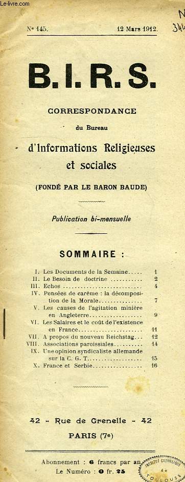 B.I.R.S., CORRESPONDANCE DU BUREAU D'INFORMATIONS RELIGIEUSES ET SOCIALES, N 145, MARS 1912