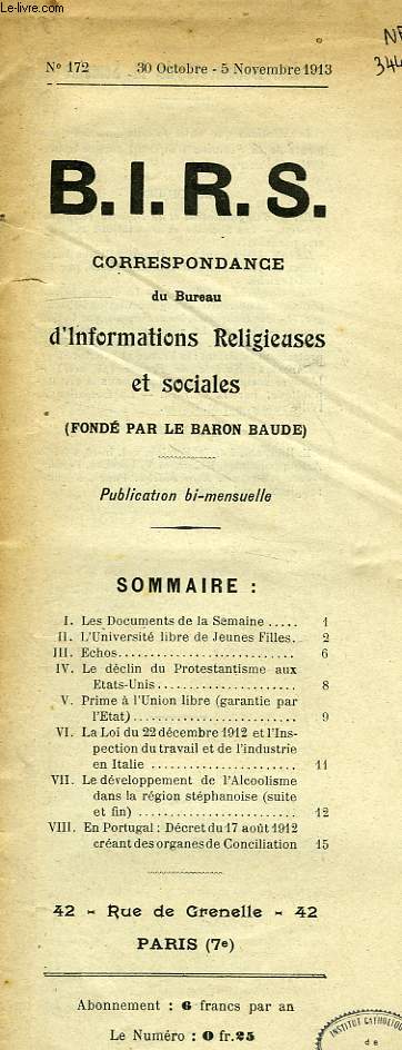 B.I.R.S., CORRESPONDANCE DU BUREAU D'INFORMATIONS RELIGIEUSES ET SOCIALES, N 172, OCT.-NOV. 1913