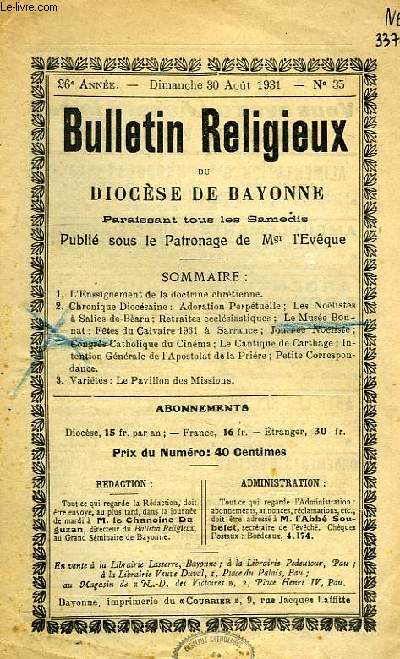 BULLETIN RELIGIEUX DU DIOCESE DE BAYONNE, 26e ANNEE, N 35, AOUT 1931