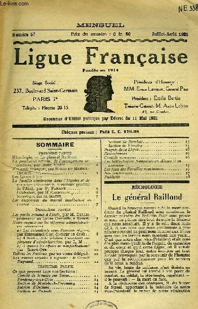 LIGUE FRANCAISE, N 57, JUILLET-AOUT 1921
