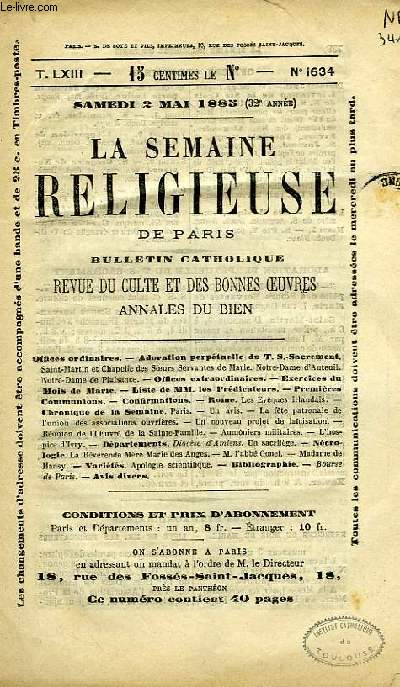 LA SEMAINE RELIGIEUSE DE PARIS, BULLETIN CATHOLIQUE, REVUE DU CULTE ET DES BONNES OEUVRES, T. LXIII, N 1634, MAI 1885