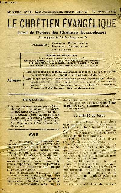 LE CHRETIEN EVANGELIQUE, JOURNAL DE L'UNION DES CHRETIENS EVANGELIQUES, 23e ANNEE, N 340, DEC 1942