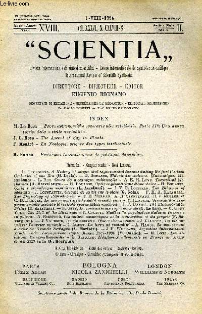 SCIENTIA, YEAR XVIII, VOL. XXXVI, N CXLVIII-8, SERIE II, 1924, RIVISTA INTERNAZIONALE DI SINTESI SCIENTIFICA, REVUE INTERNATIONALE DE SYNTHESE SCIENTIFIQUE, INTERNATIONAL REVIEW OF SCIENTIFIC SYNTHESIS