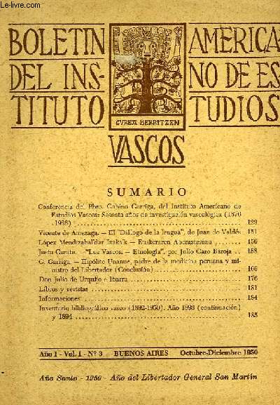 BOLETIN DEL INSTITUTO AMERICANO DE ESTUDIOS VASCOS, AO I, VOL. I., N 3, OCT.-DIC. 1950