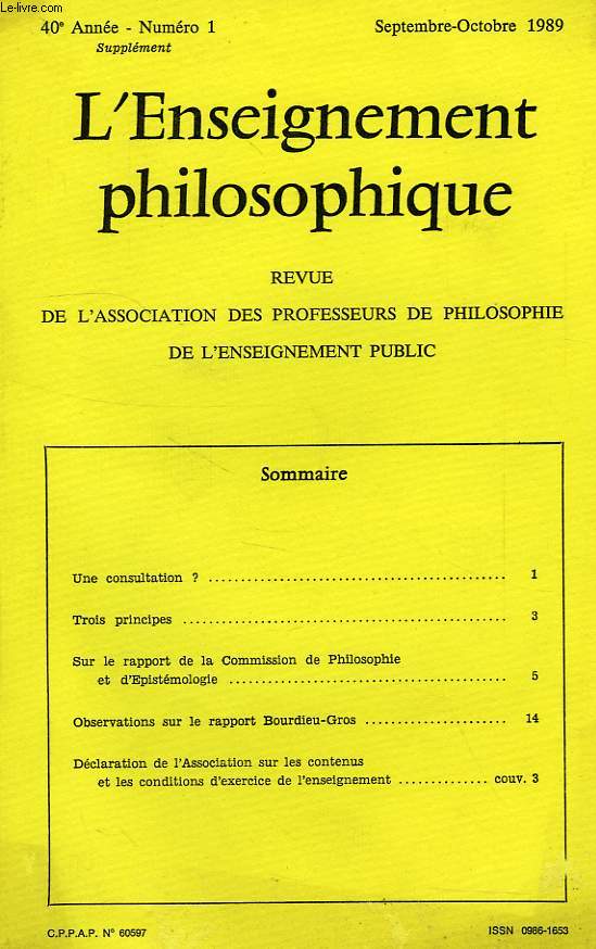 REVUE DE L'ENSEIGNEMENT PHILOSOPHIQUE, 40e ANNEE, N 1, SEPT.-OCT. 1989