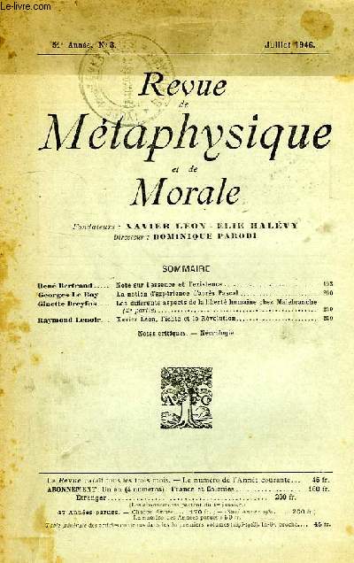 REVUE DE METAPHYSIQUE ET DE MORALE, 51e ANNEE, N 3, JUILLET 1946