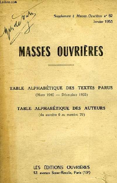 MASSES OUVRIERES, SUPPLEMENT AU N 82, JAN. 1953, TABLE ALPHABETIQUE DES TEXTES PARUS (1945-1952), TABLE ALPHABETIQUE DES AUTEURS