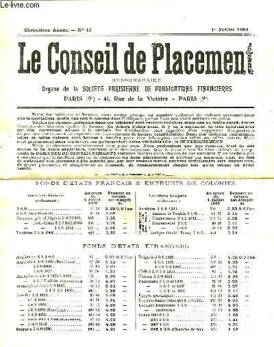 LE CONSEIL DE PLACEMENT, 5e ANNEE, N 13, 1er JUILLET 1909