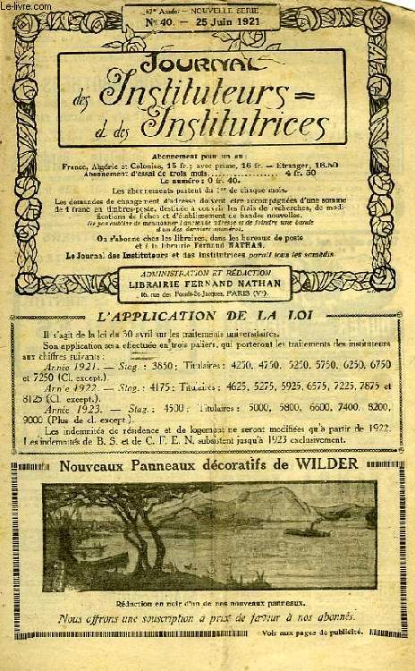 JOURNAL DES INSTITUTEURS ET DES INSTITUTRICES, 67e ANNEE, NOUVELLE SERIE, N 40, 25 JUIN 1921