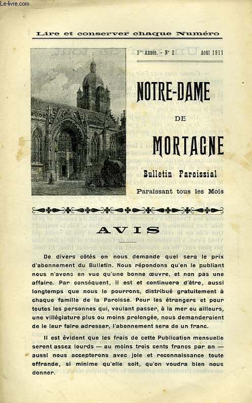 NOTRE-DAME DE MORTAGNE, BULLETIN PAROISSIAL, 1re ANNEE, N 2, AOUT 1911