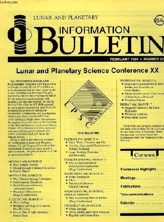 LUNAR AND PLANETARY INFORMATION BULLETIN, FEB. 1989, N 52