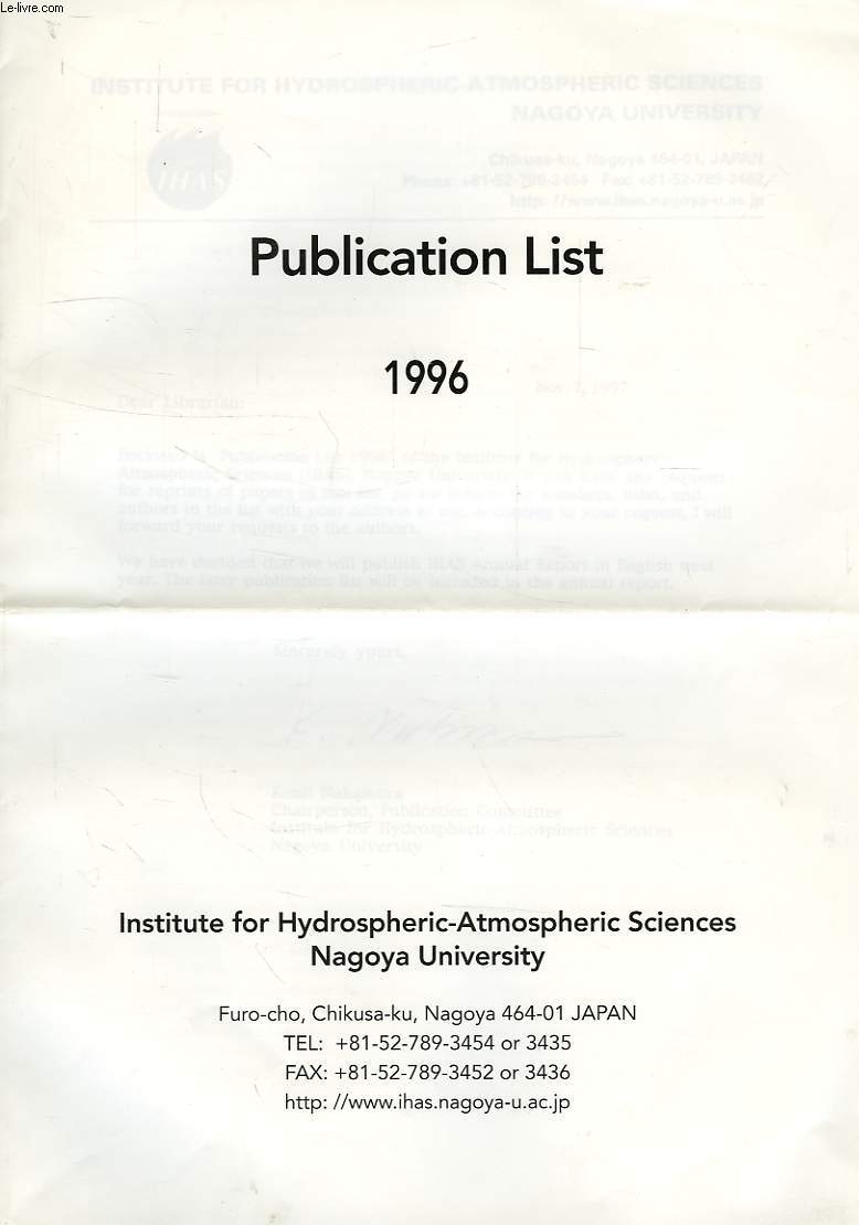 IHAS, NAGOYA UNIVERSITY, PUBLICATION LIST, 1996
